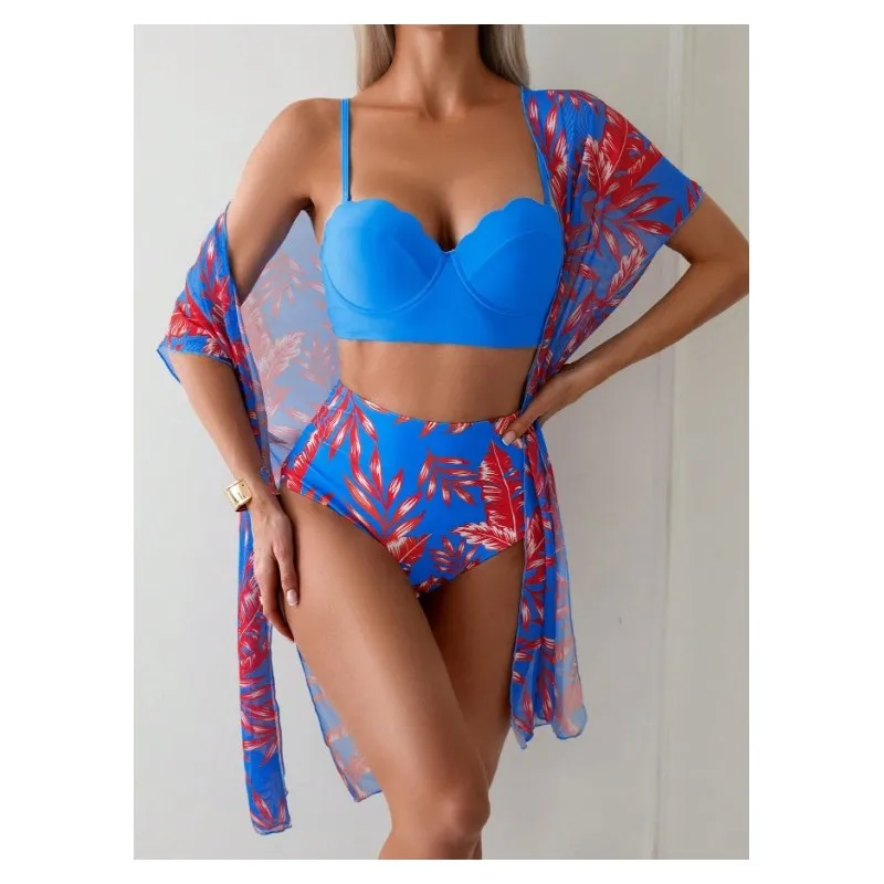 Printed Bikini Set with Mesh Cover-up