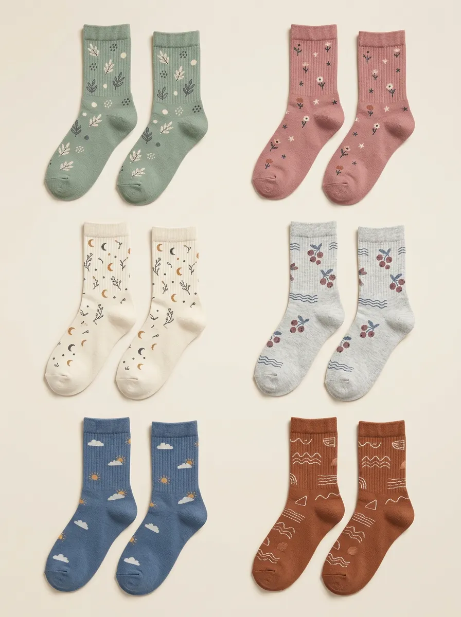 Women's Illustrative Line Art Crew Socks Six Pair Set