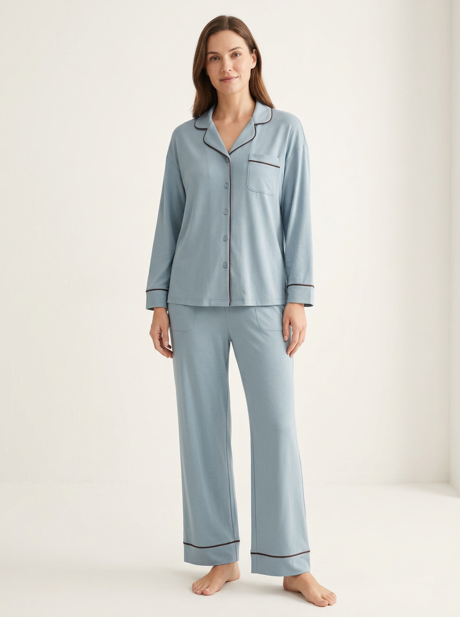 Women's Piped-Cuff Side-Pocket Button-Down Pajama Set