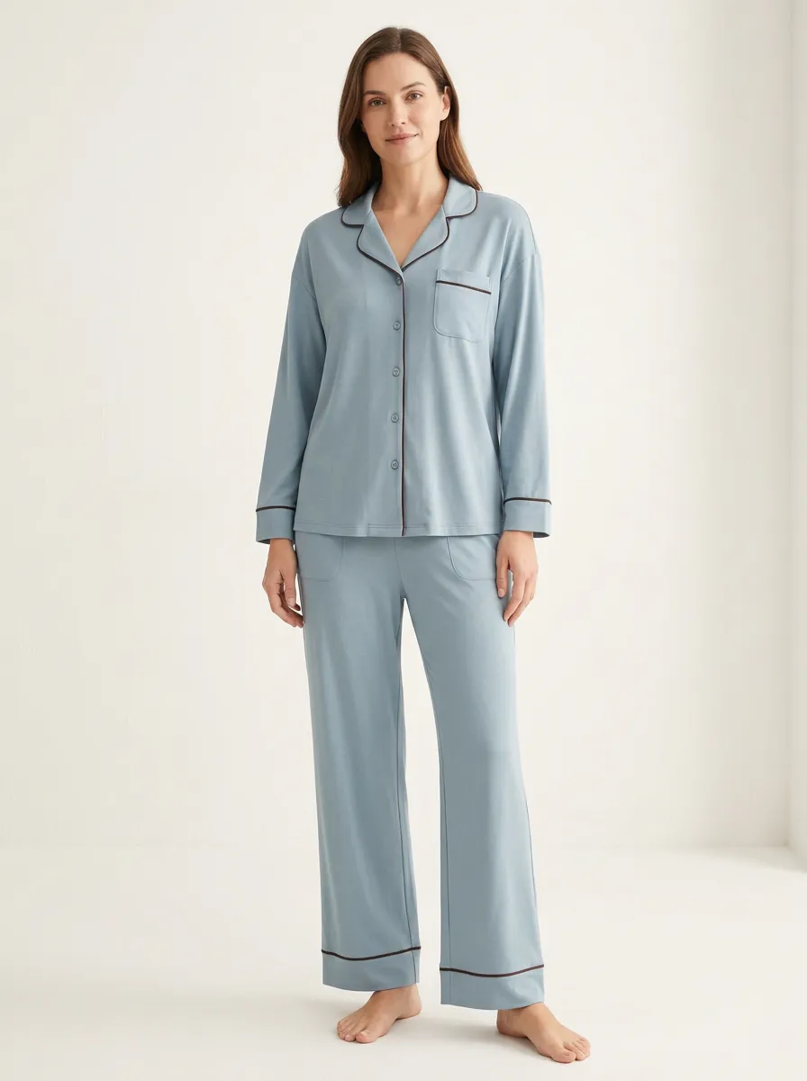 Women's Piped-Cuff Side-Pocket Button-Down Pajama Set