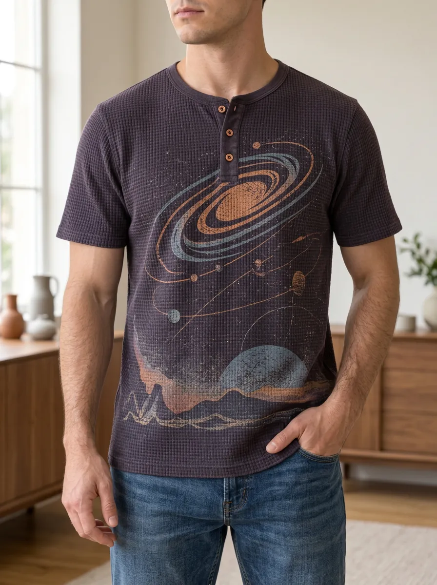 Men's Space Astronomy Galaxy Printed Waffle Henley T-shirt