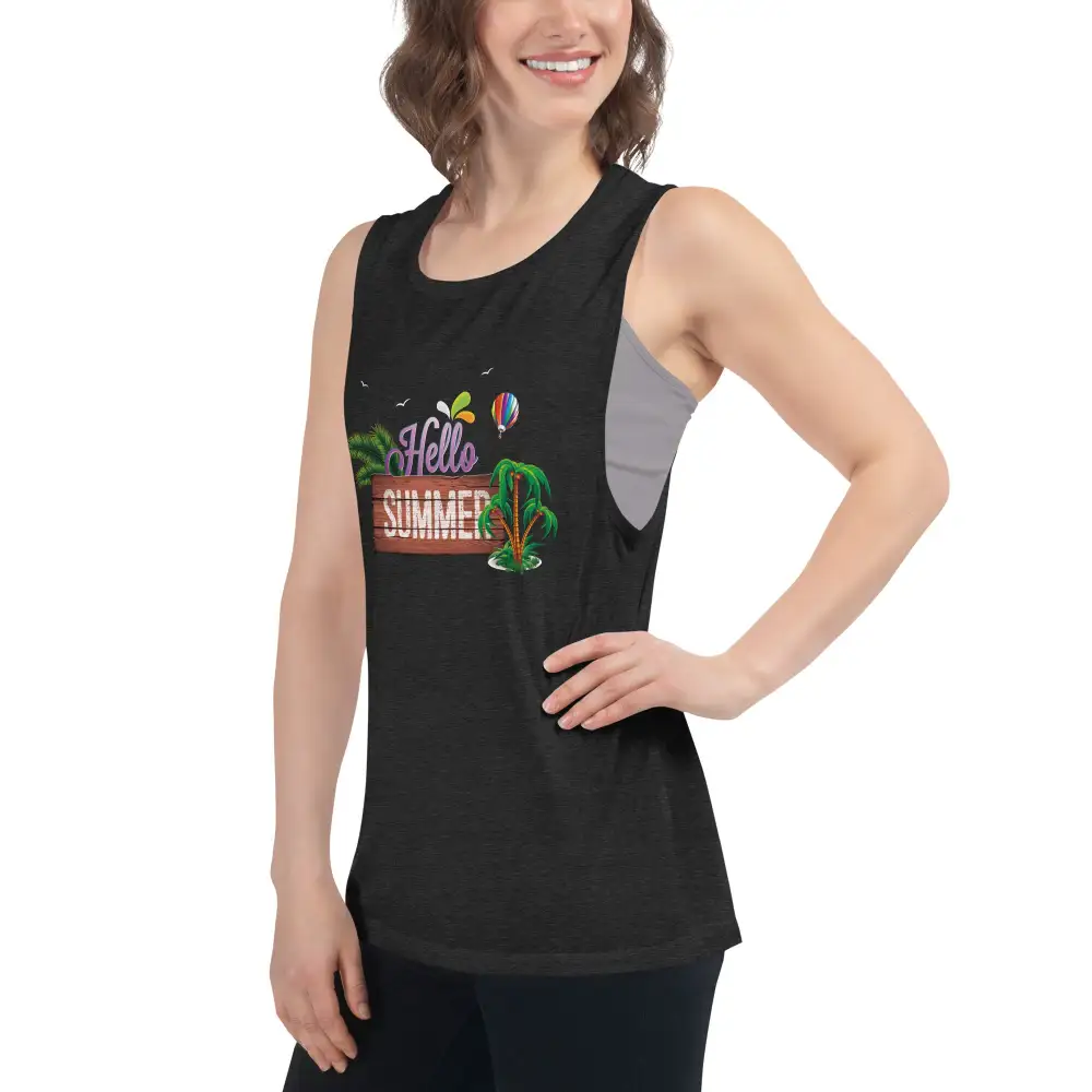 Graphic Ladies Muscle Tank Hello Summer Tank Top