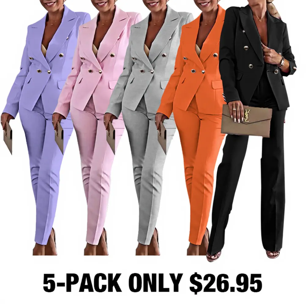 5PACK- Stylish Solid Color Button Jacket and Pants Two Piece Set