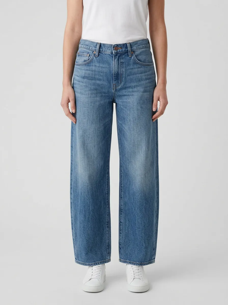 Women's Mid-Rise Whiskered Printed Wide-Leg Denim Jeans