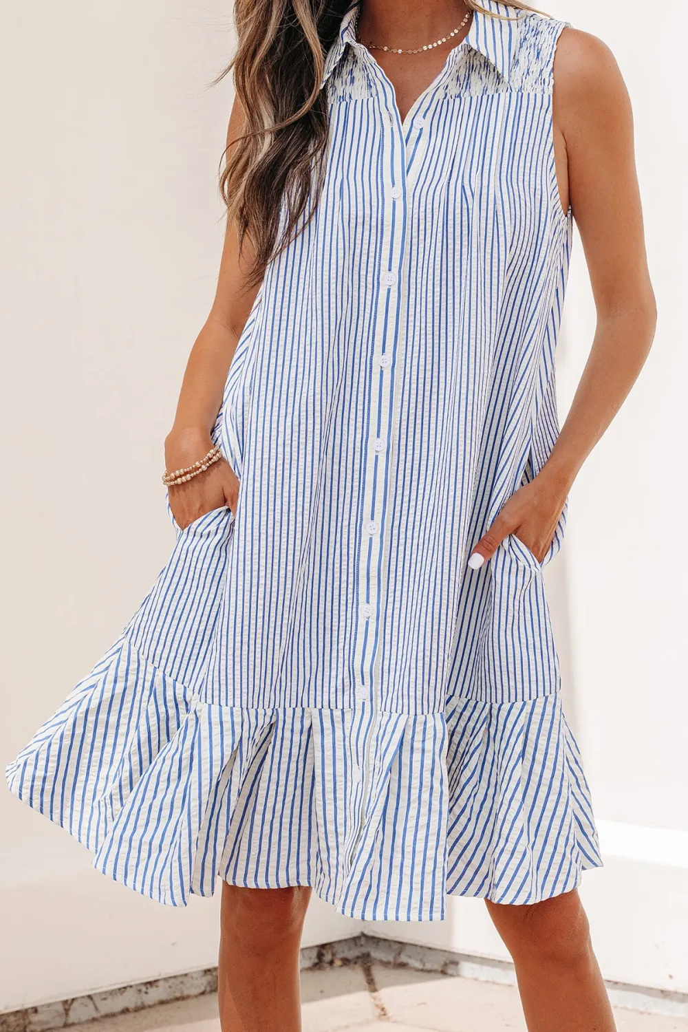 Stripe Shirt Collar Shirred Detail Ruffle Hem Sleeveless Dress