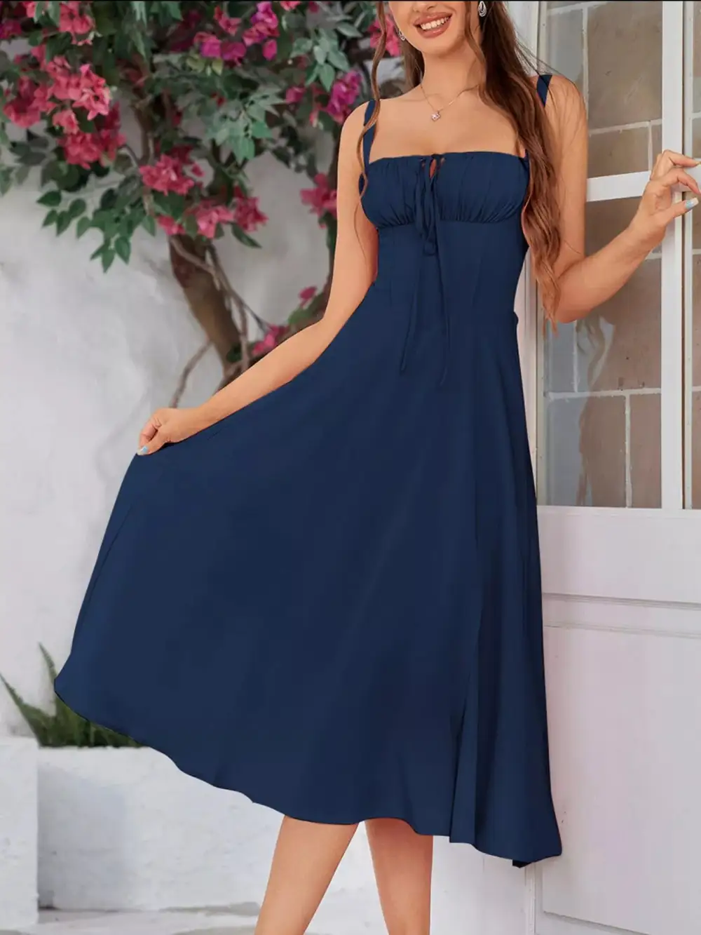 Textured Detail Tie Midi Dress