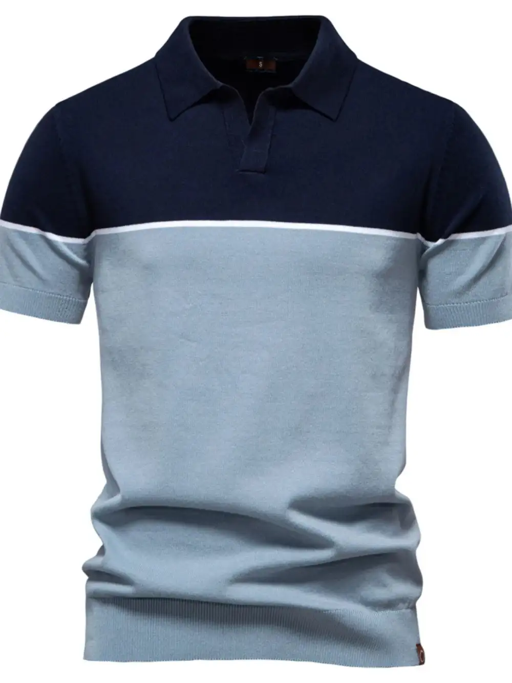 Short-Sleeve Color-Block Contrast-Stitch Ribbed Polo Shirt