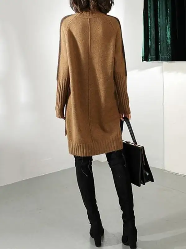 Relaxed Long Sleeve Contrast Color Half Turtleneck Sweater Dress