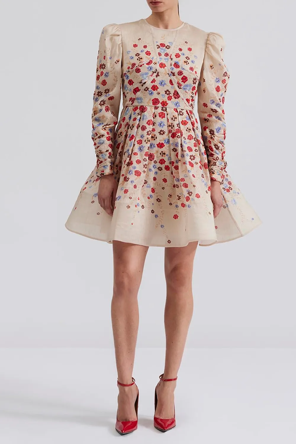 Floral Embroidered Puff Sleeve Mini Dress