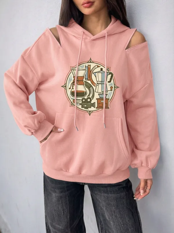 Women's Coffee Retro Gadget Graphic Cold-Shoulder Hoodie