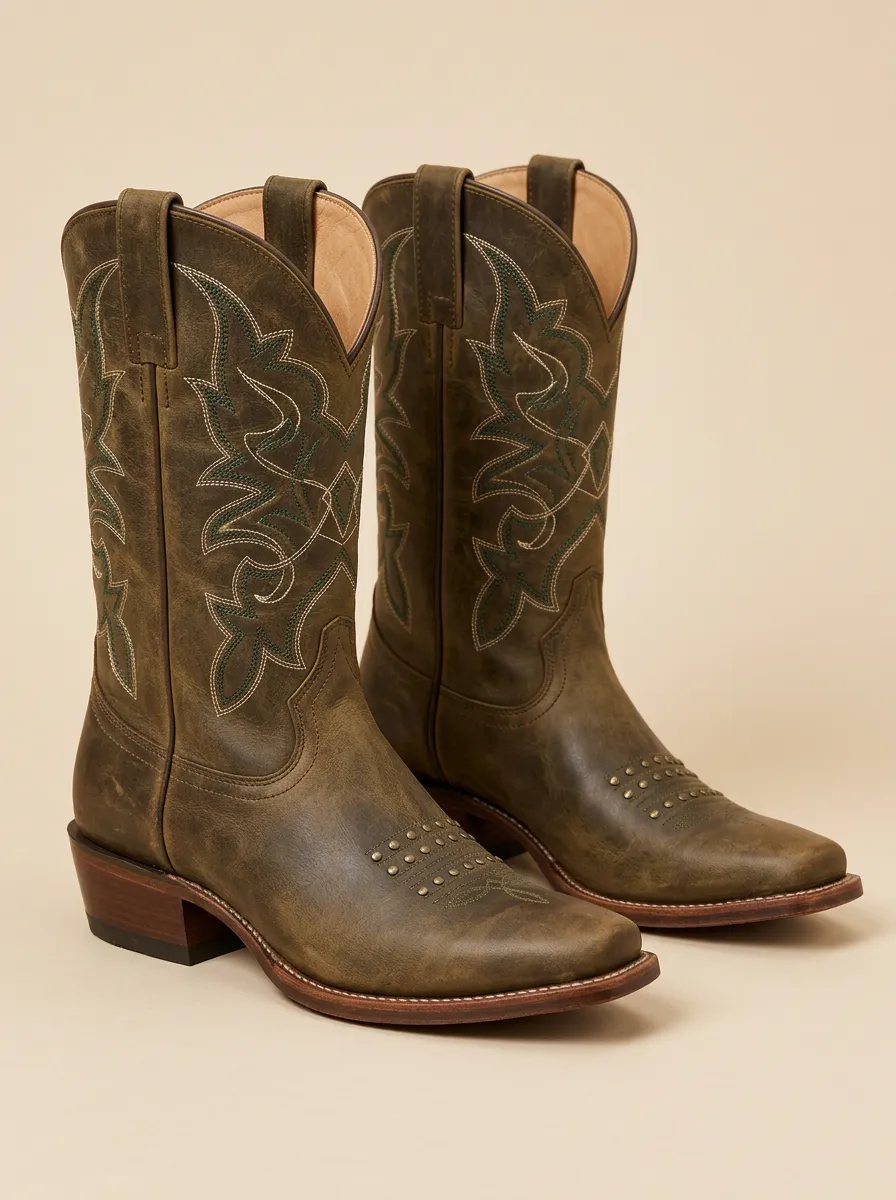 Unisex Olive Cowboy Boots with Studded Embroidered Detail