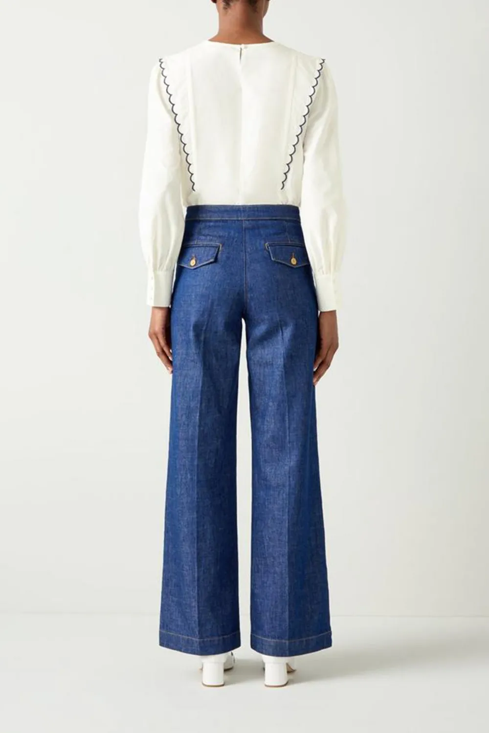 White Scallop Detail Long Sleeve Blouse