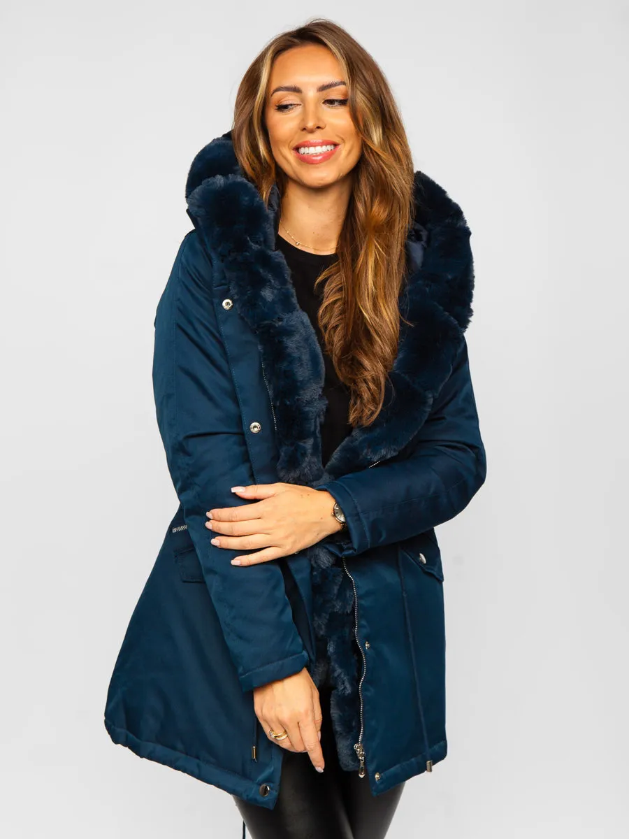 Dark blue women's winter parka with hood