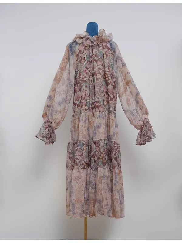 Boho Ruffle Neck Flared Sleeves Midi Dress