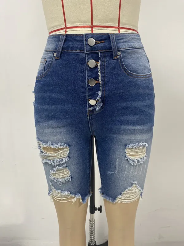 Slim Fit Buttoned Shorts Street Ripped Denim Pants