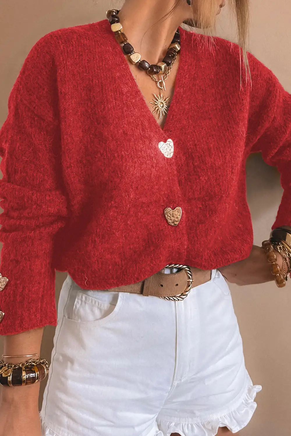 Heart Metal Button V Neck Cardigan
