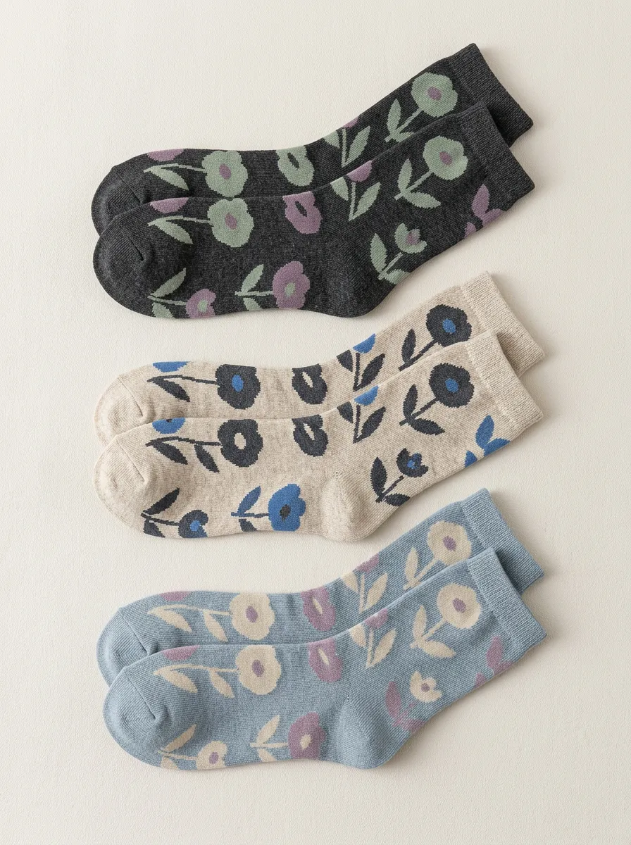 Women's Floral Jacquard Ribbed Crew Socks Three Pair Set