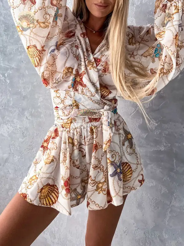 Woven Floral Long Sleeved V Neck Shorts