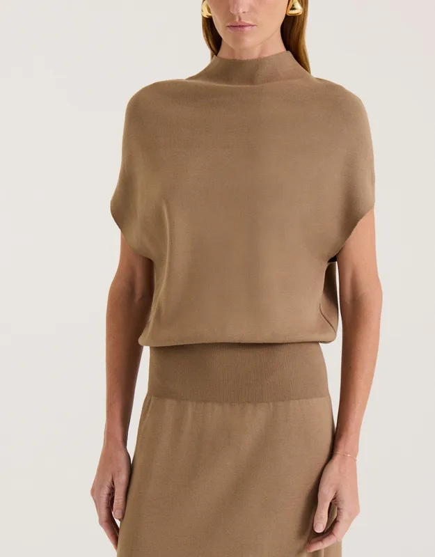 Taupe High Neck Knit Midi Dress