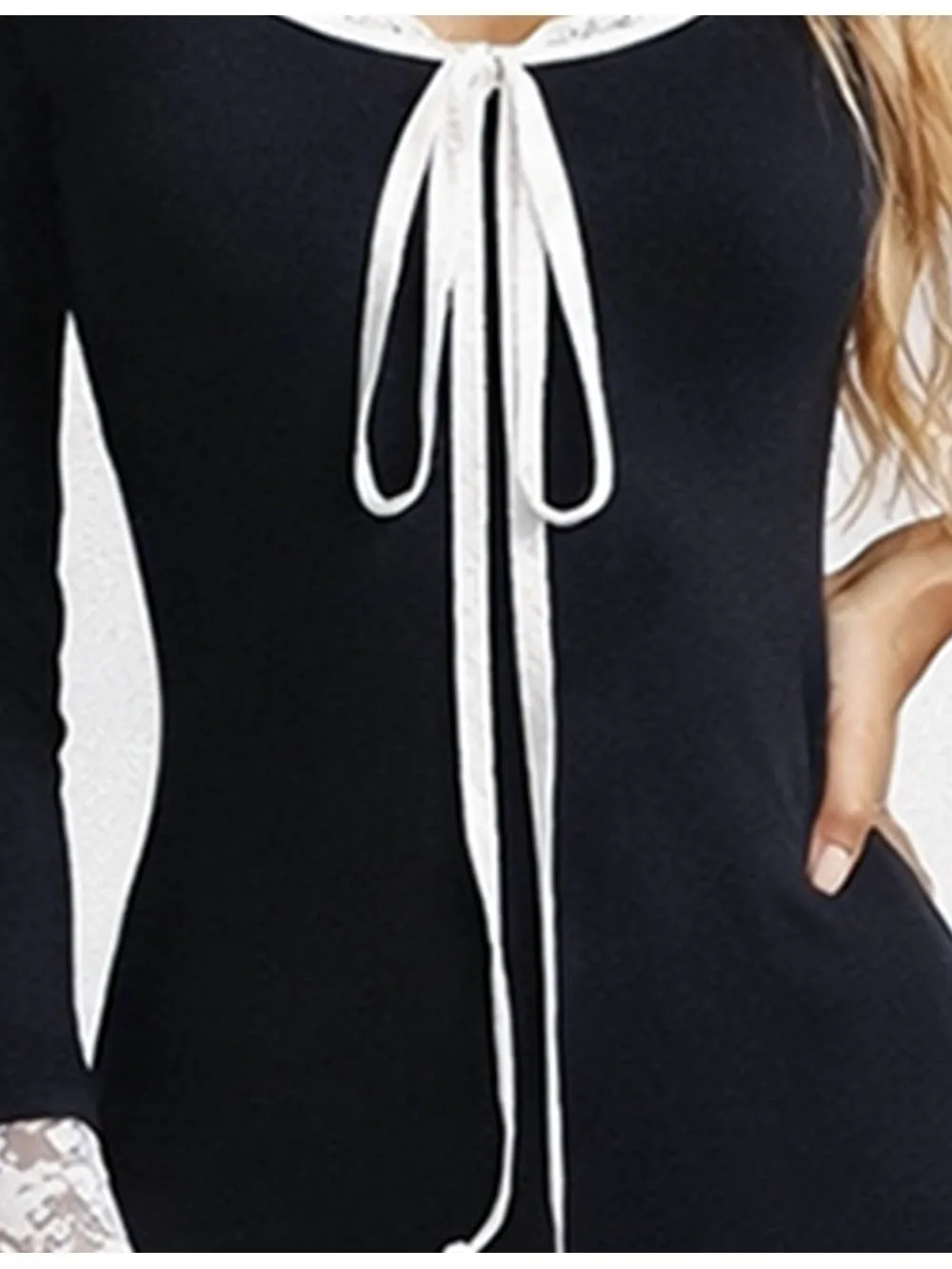 Lace Neck Long Sleeves Bow Midi Dress