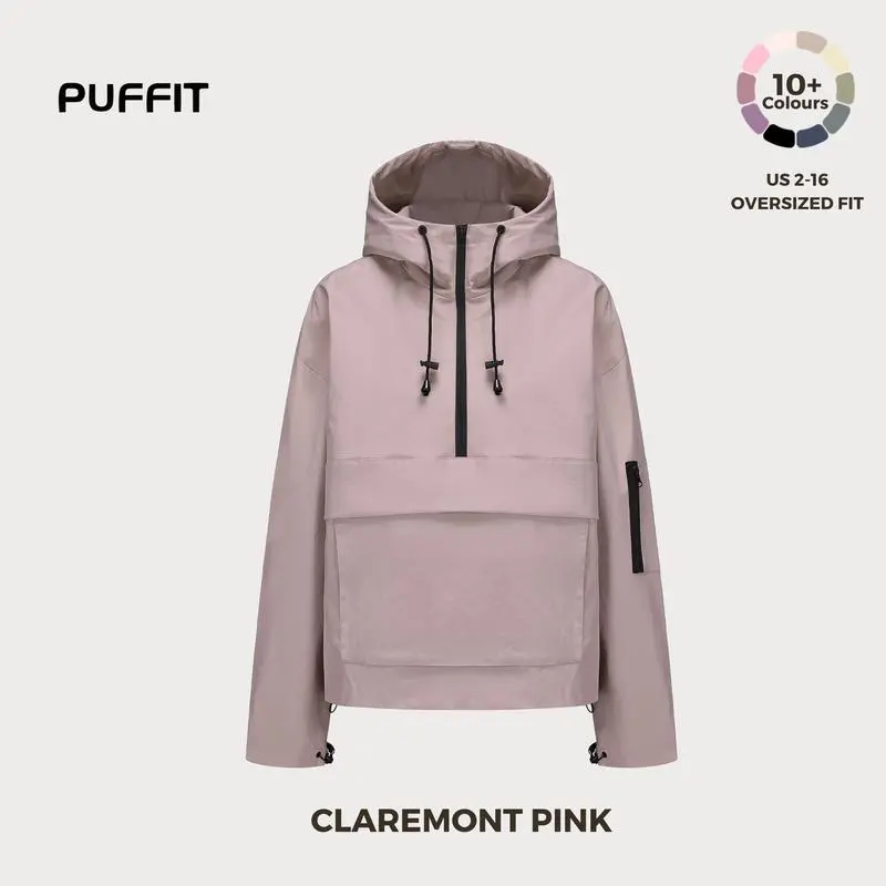 STM-TEX Waterproof Oversized Fall Hoodie Coat – Warm Half Zip Rain Jacket with Adjustable Waist, Hood & Cuffs