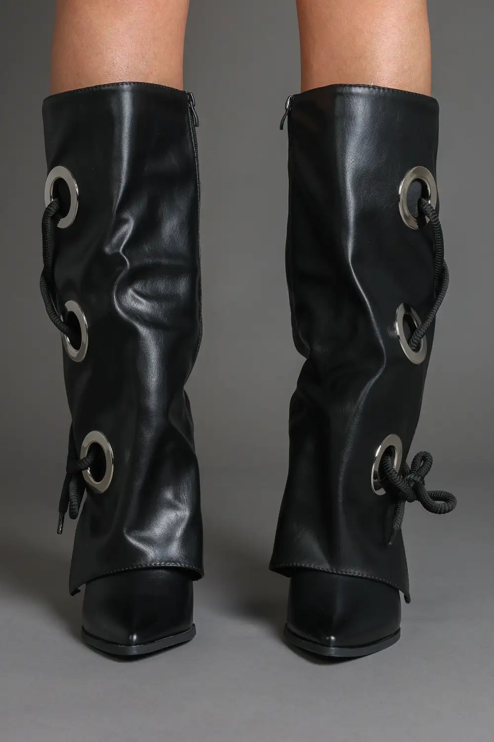 Modern Fold-Over Lace Detail Pointed Toe Faux Leather Knee High Boots