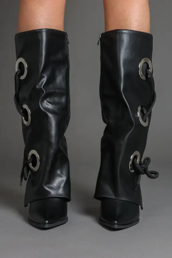 Modern Fold-Over Lace Detail Pointed Toe Faux Leather Knee High Boots
