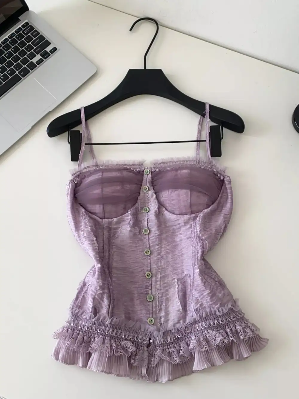 Buttoned Lace-Trim Ruffled Tank Top