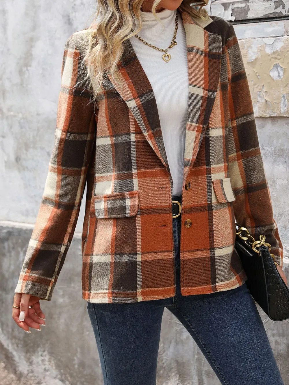 Button-Down Lapel-Collar Plaid Blazer
