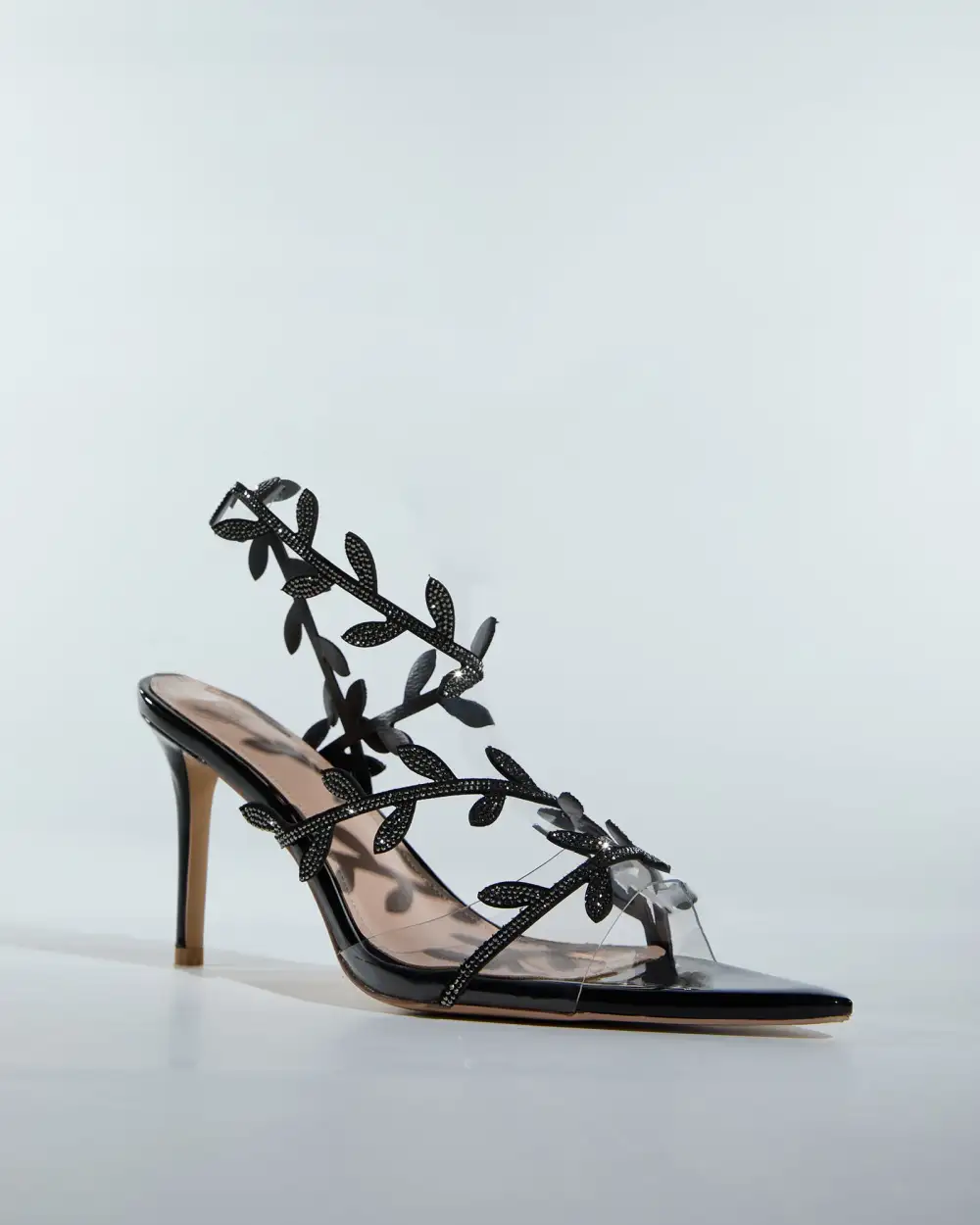 Rhinestone Leaf Sandals in Black