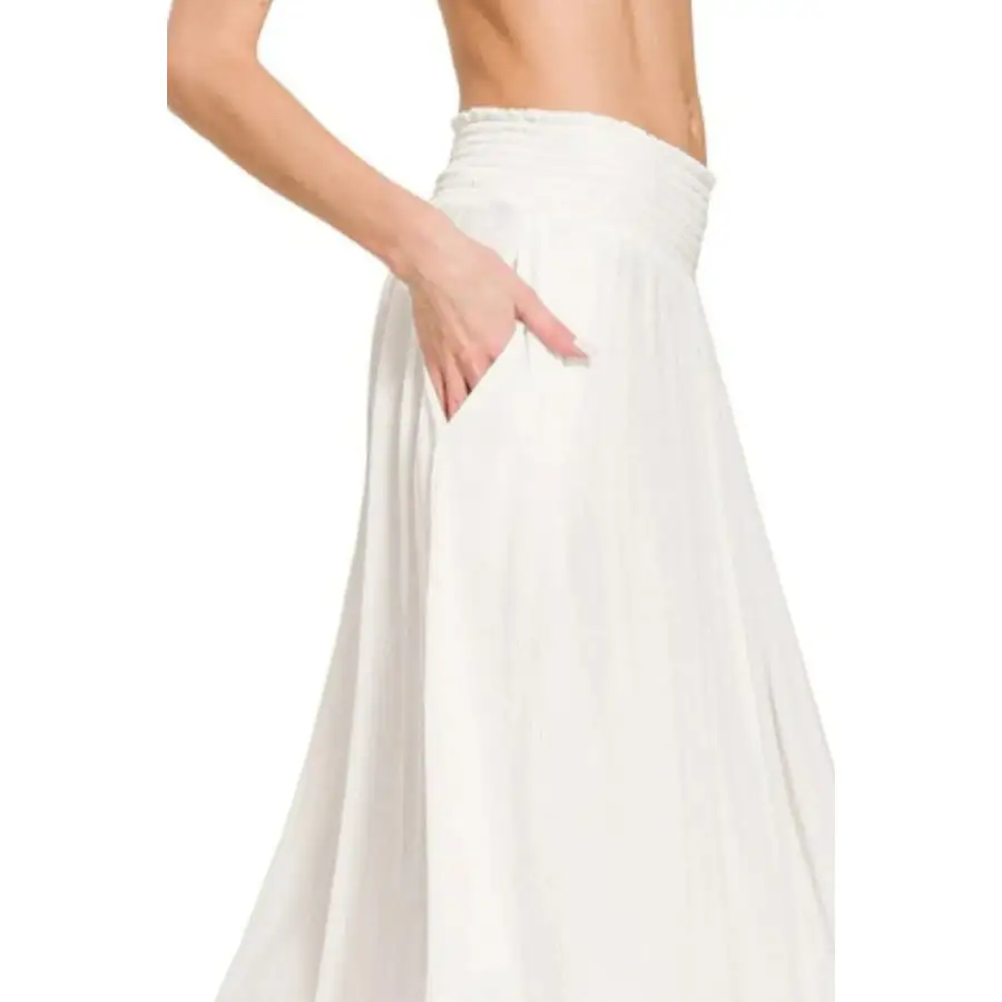 Woven Crinkle Smocked Waist Maxi Skirt W Pockets