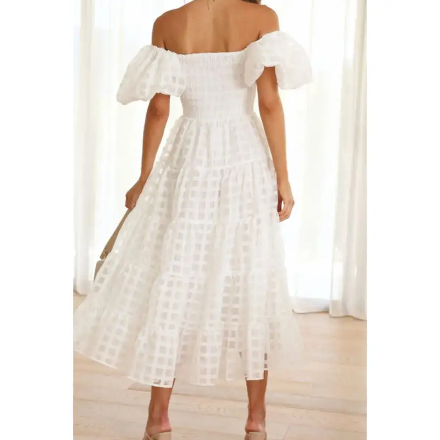 Off Shoulder Short Puff Sleeve Midi Dress