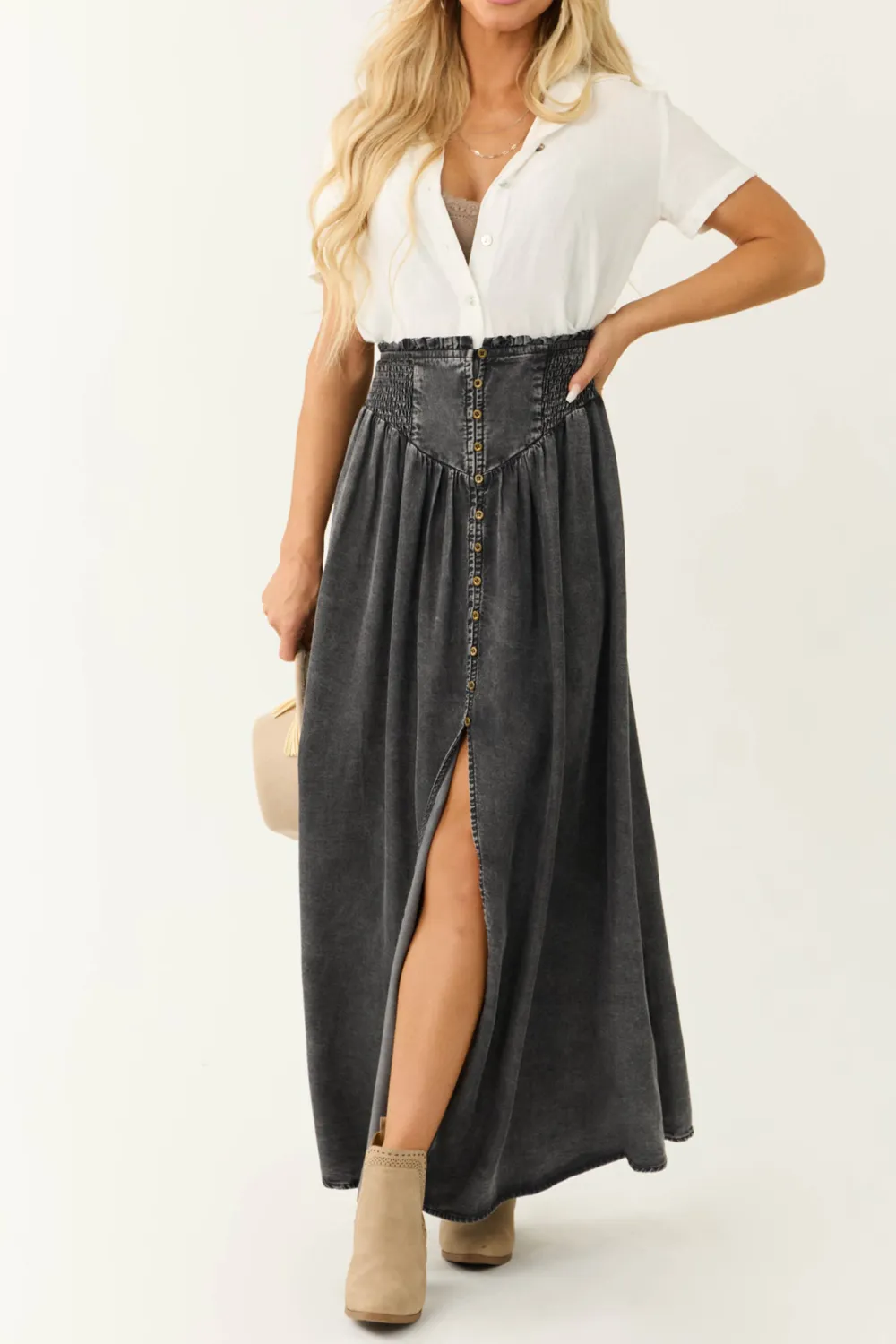 Graphite Acid Washed Denim Smocked Maxi Skirt