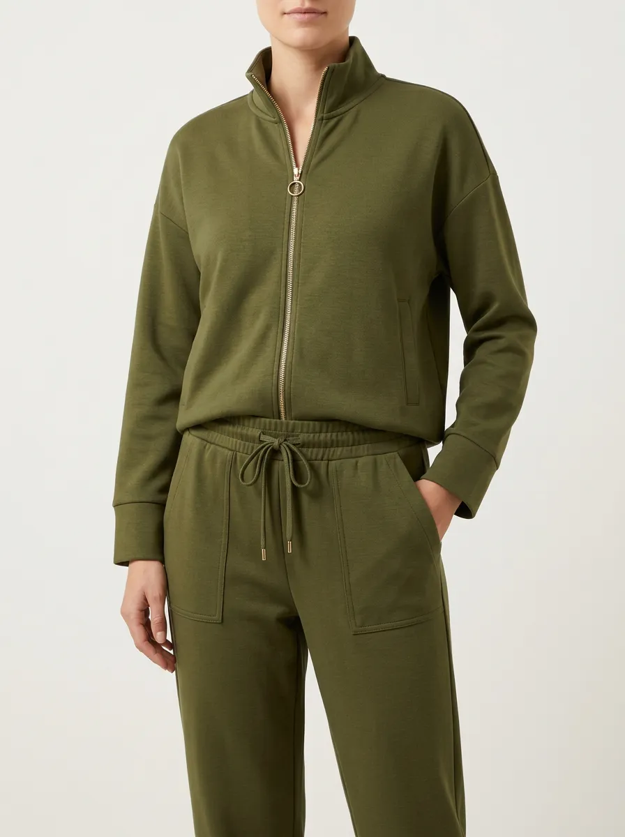 Leisure Ready Zip Front Stand Collar Relaxed Fit Women's Long Sleeve Zip Two Piece Set