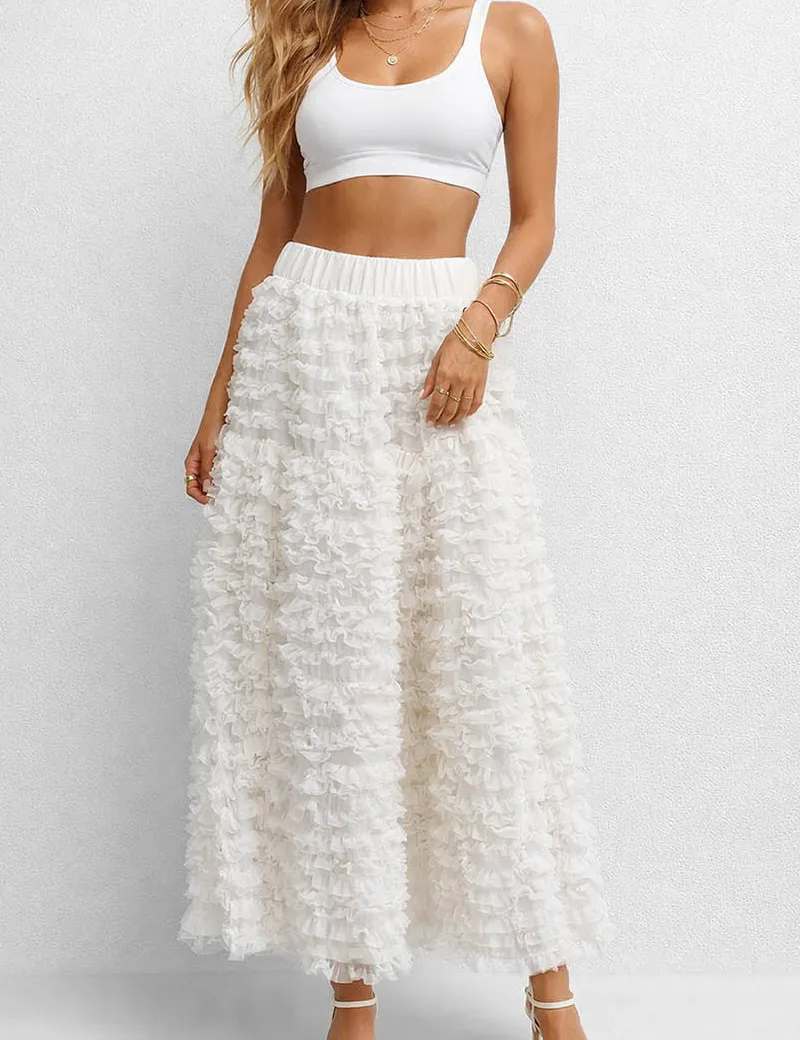 Elastic Waist Tiered Ruffle Gathered Mesh Maxi Skirt