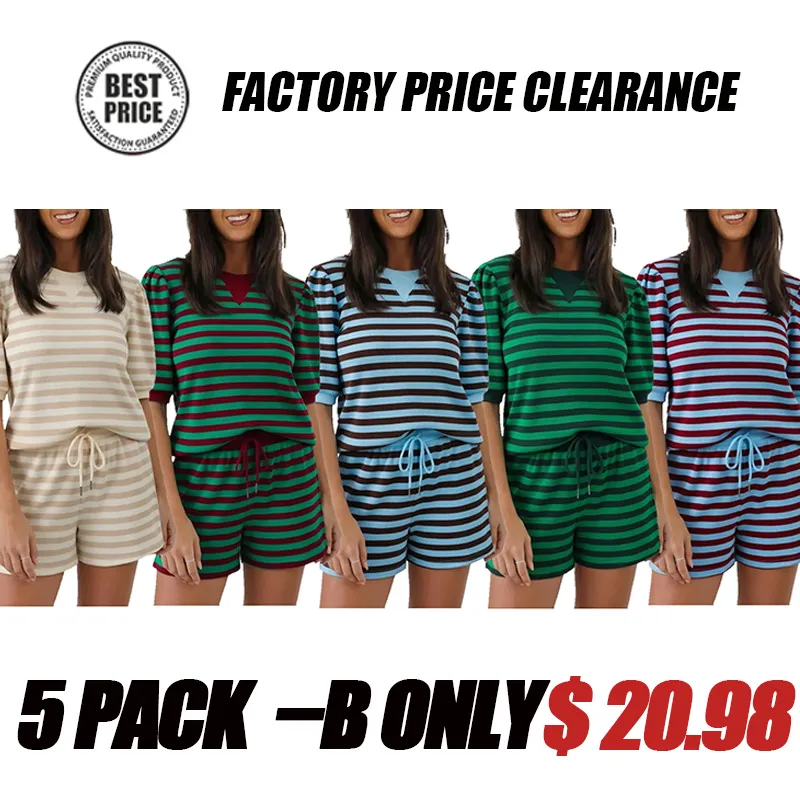 Women's Striped Puff Sleeve Short Sleeve 2‑Piece Set