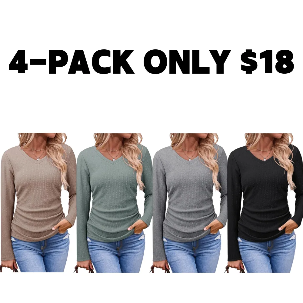 Womens Tops Casual V Neck Long Sleeve Shirts for Women Fashion Solid Ruched Basic Tunics Blouses