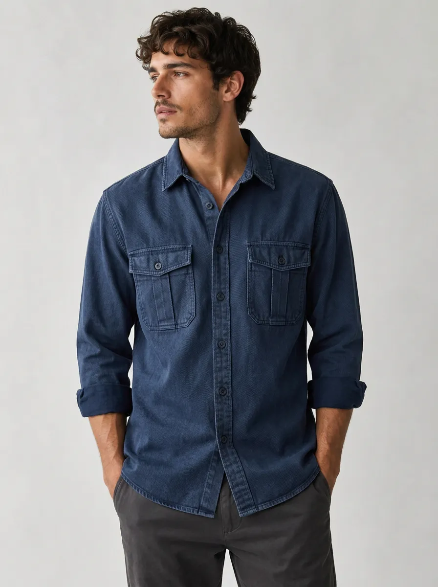 Men's Casual Utility Style Navy Blue Button Down Shirt