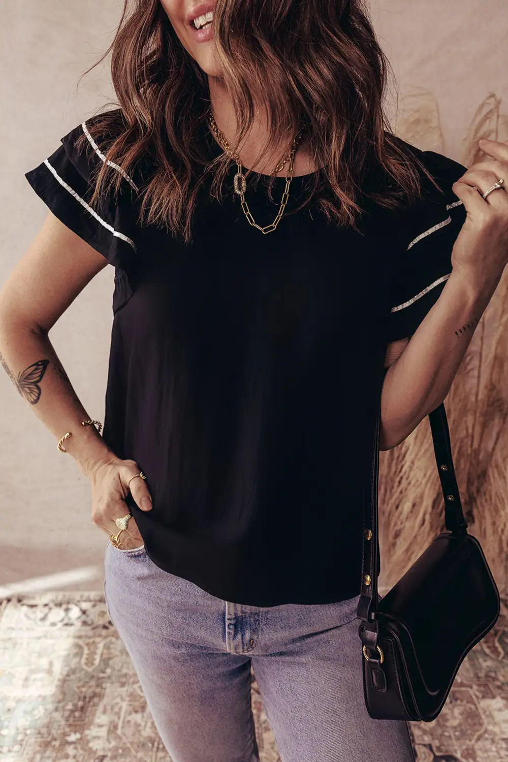 Black Contrast Trim Dual Ruffle Short Sleeve Textured Blouse