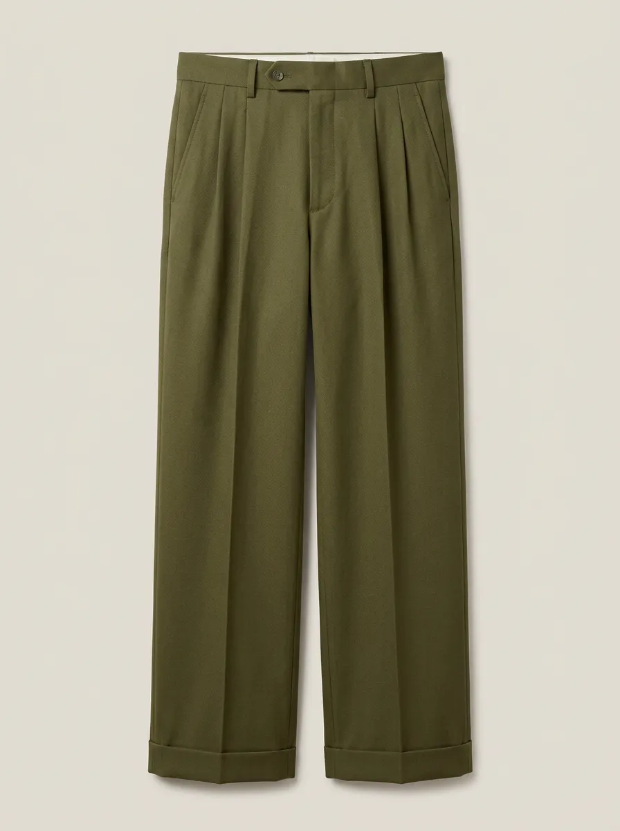 Men's Olive Green Pleated Wide Leg Dress Trousers