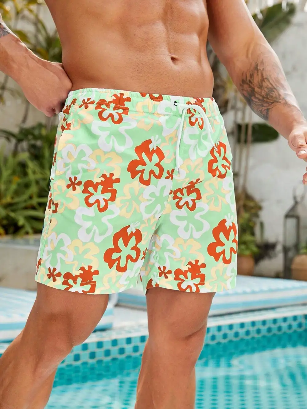 Men's Floral Drawstring Swim Trunks