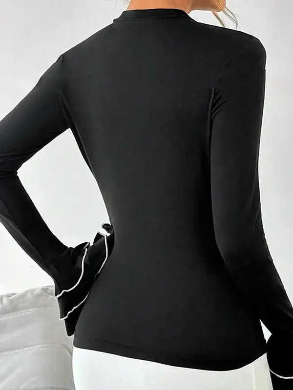 Flared Sleeve Long Sleeve Panel Detail Tiered Round Neck T-Shirt