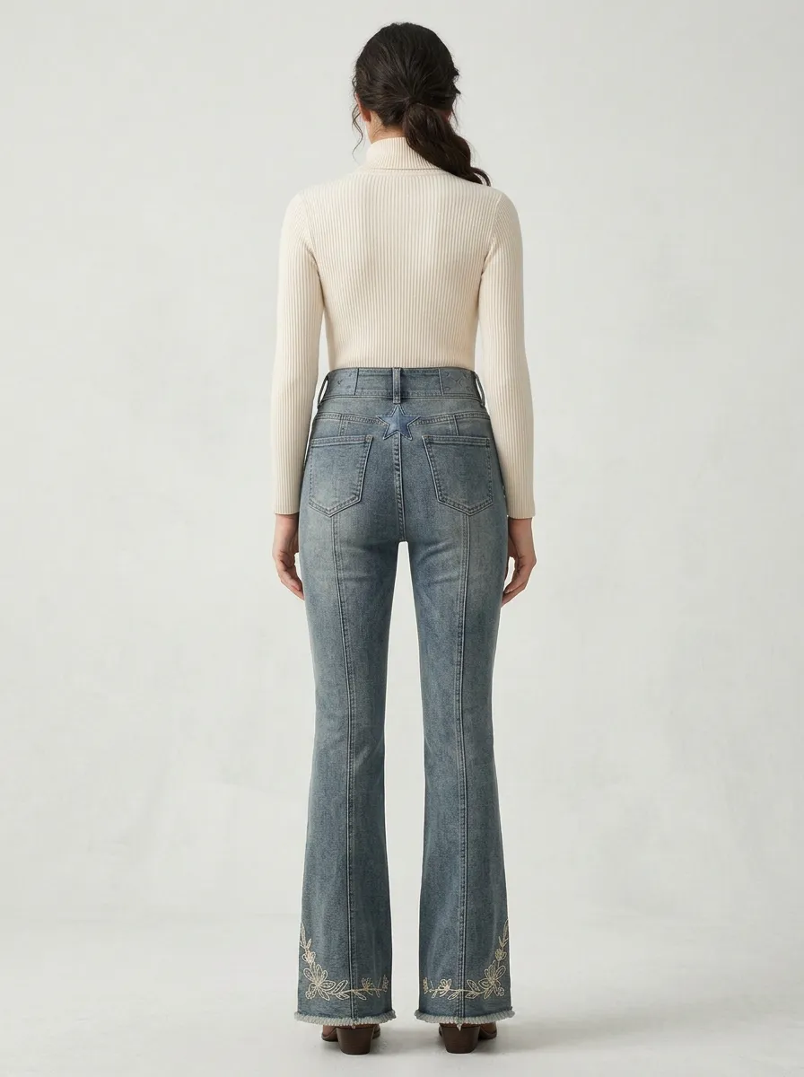 Women's Floral Embroidered Hem High Rise Flare Jeans