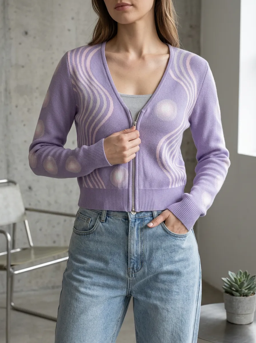 Women's Y2K Aesthetic Purple Swirl Polka Dot Printed Cardigan