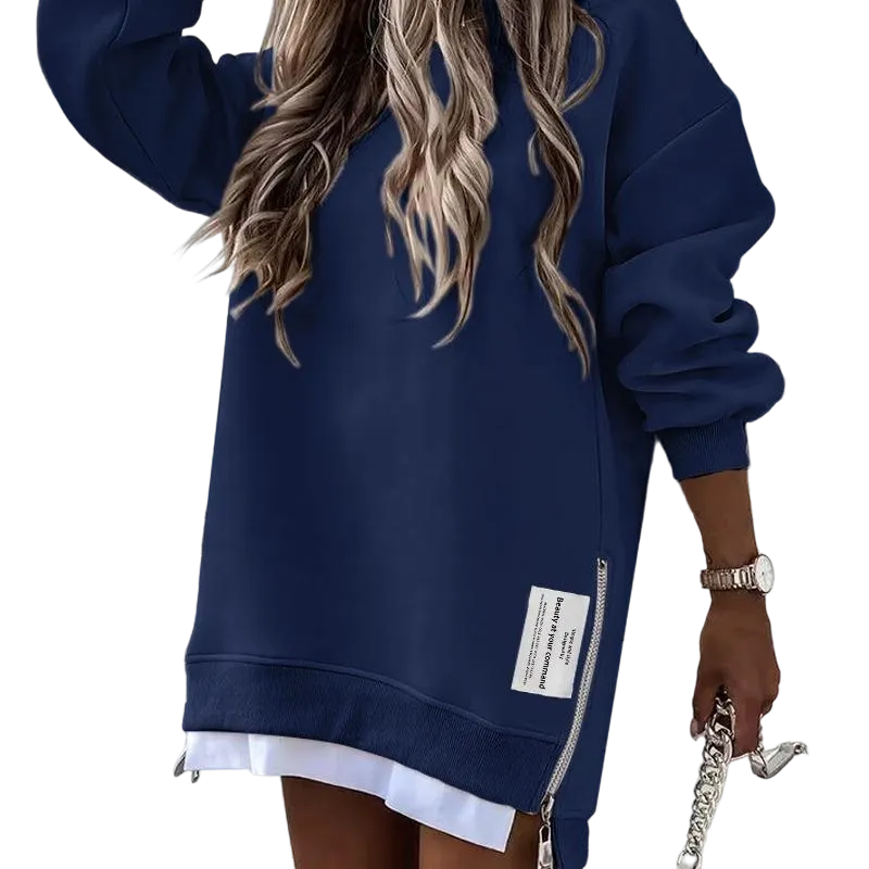 Womens Long Sleeve Pullover Sweatshirt Zipper Slit Casual Dress