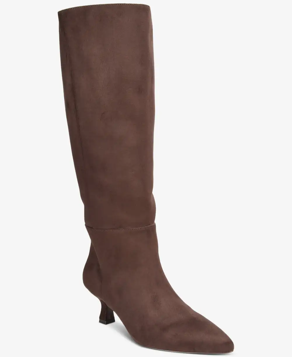Faux Leather Pointed Toe Kitten Heel Knee High Boots