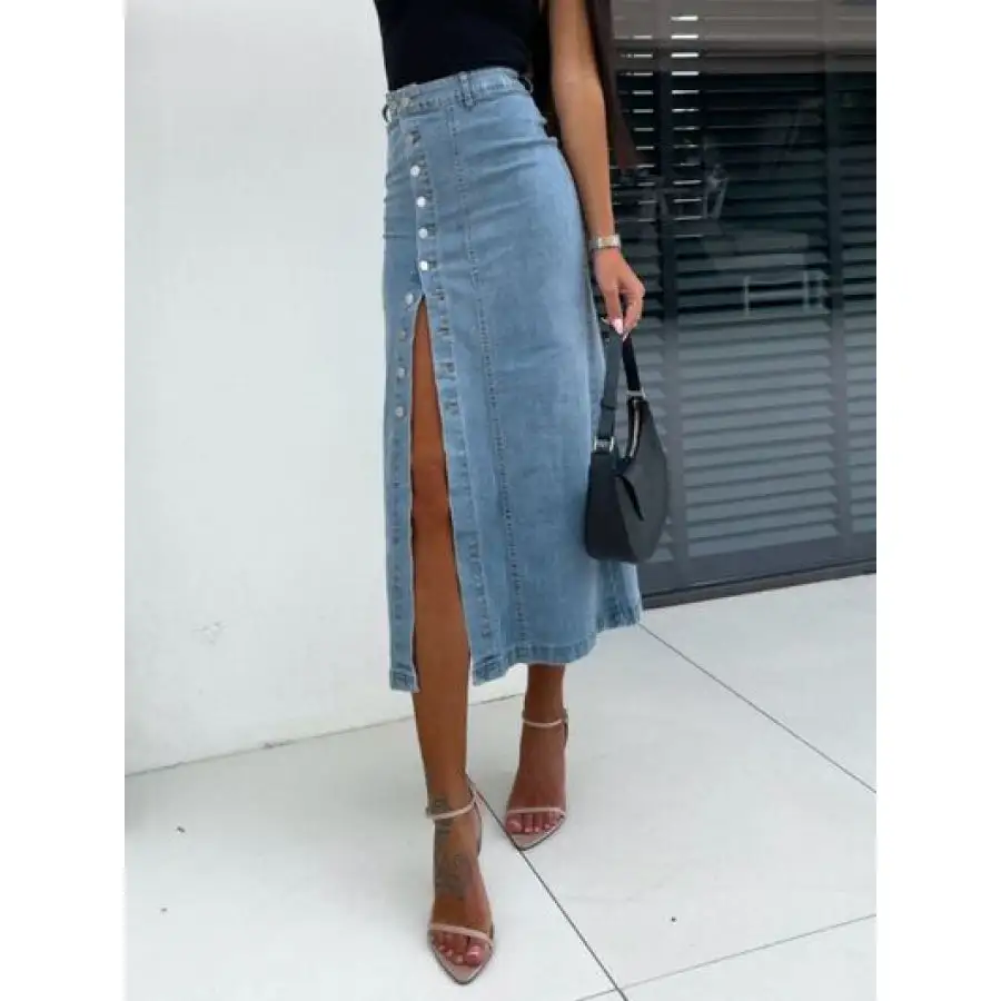 Front Button Slit Midi Denim Skirt
