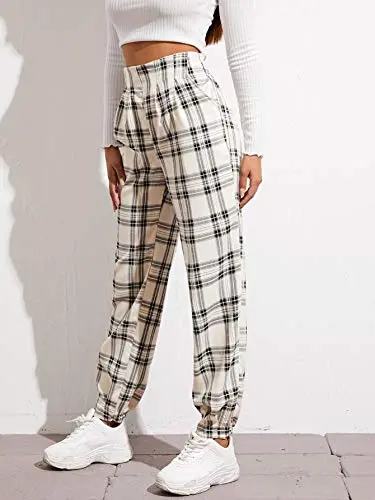 Women's Plaid Elastic High Waist Casual Tartan Pants with Pockets