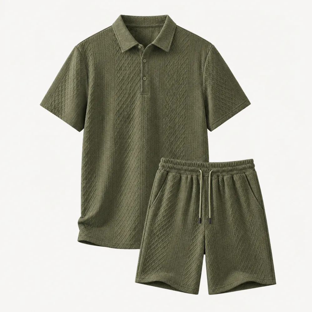 Men's Textured Knit Polo & Shorts Set