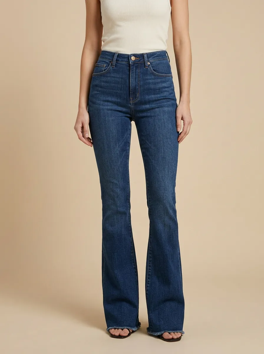 Women's High-Rise Frayed Hem Flare High-Rise Waist Single Button Jeans